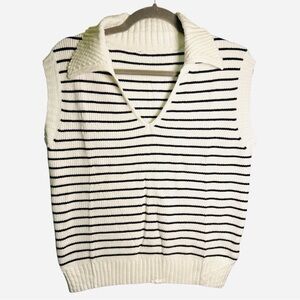 Yousify White Black Stripe Ribbed Knit Sweater Vest Size Medium Preppy Classic